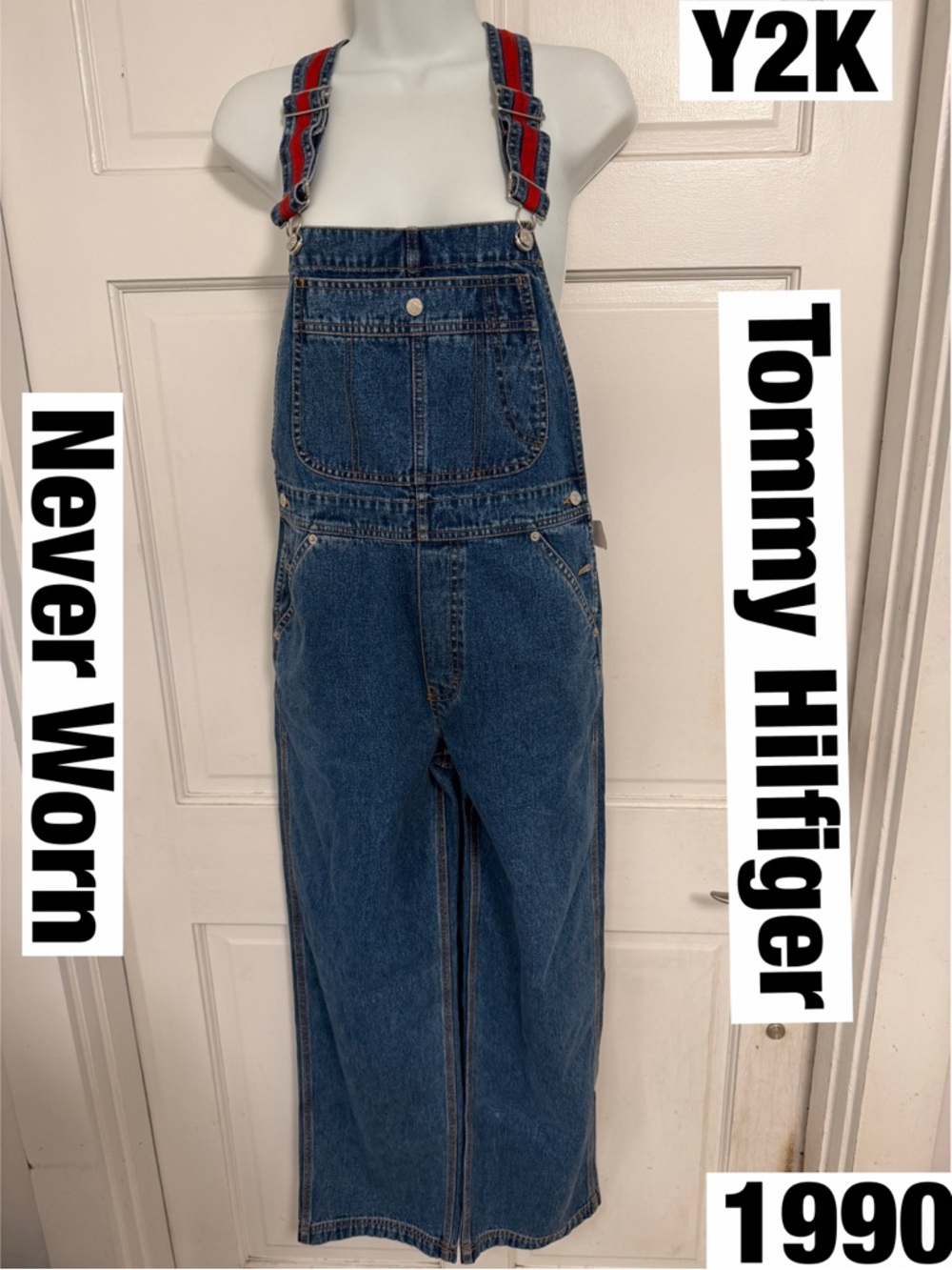 Tommy Hilfiger Y2K Dark Blue Denim Overalls with Logo Red Straps